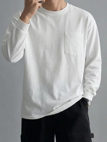 DAZY Men's Long Sleeve Thin Spring Autumn Grey T-Shirt With Cuffed Sleeves And Chest Pocket Design - White - View 3