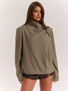 SHEIN BAE Jaket Kasual Wanita Warna Polos Lengan Panjang Desain Tumpang Tindih dengan Dekorasi Kancing - Mocha Brown - View 1