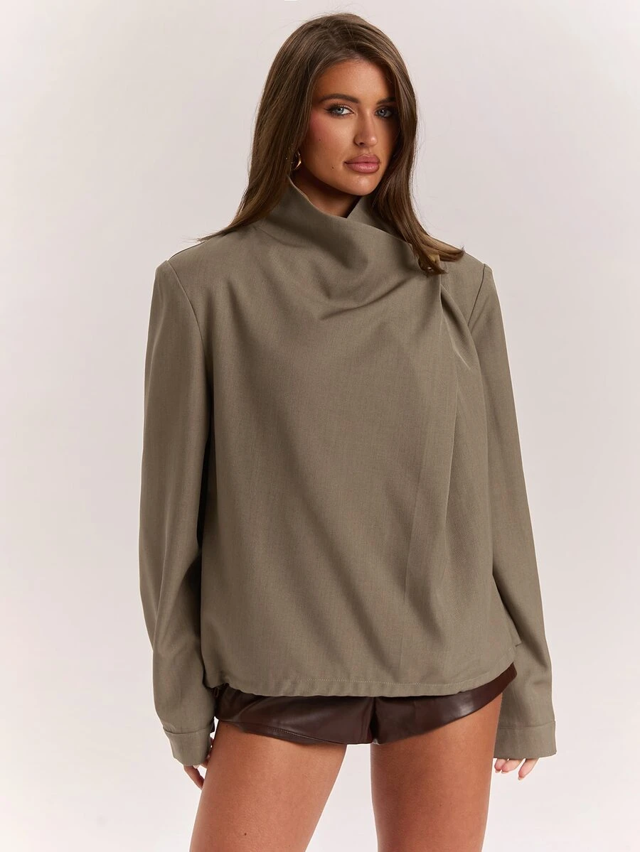 SHEIN BAE Jaket Kasual Wanita Warna Polos Lengan Panjang Desain Tumpang Tindih dengan Dekorasi Kancing - Mocha Brown - View 1
