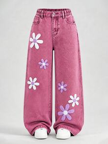 SHEIN ChillGRL Tween Girl New Fashion Snowflake Washed Distressed Design Embroidered Wide Leg Denim Jeans - Pink - View 3