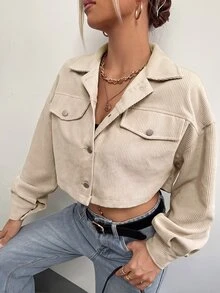 SHEIN EZwear Spring Outfits Drop Shoulder Flap Detail Crop Corduroy Jacket In Fall/Winter - Apricot - View 3