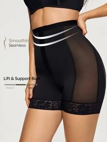SHAPORA Women's Short Lace Patchwork Seamless Shapewear - Black - View 5