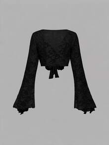 SHEIN MOD 女款黑色蕾絲罩衫與黑色蕾絲細肩帶迷你裙性感甜美兩件套 - 黑色 - 查看 5