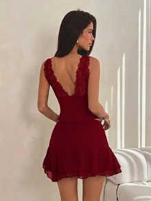 SHEIN ICON 夏季 Y2K 女款性感優雅黑色蕾絲拼接休閒百搭日常穿著外出上衣 - 酒紅色 - 查看 2
