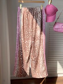 Comfortcana Women's Animal Print Side Stripe Wide Leg Loose Sweatpants - Brown - View 2