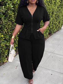 Slaydiva Plus Size 2 Pieces Outfits, Grey Zip Waist Crop Top & Harem Pants Matching Set - Black - View 12