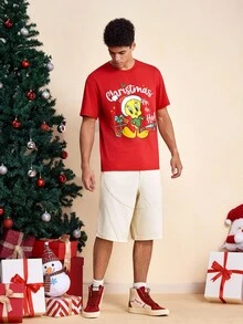 LOONEY TUNES X SHEIN Men's Cartoon Print Short Sleeve Crew Neck T-Shirt - Red - View 5