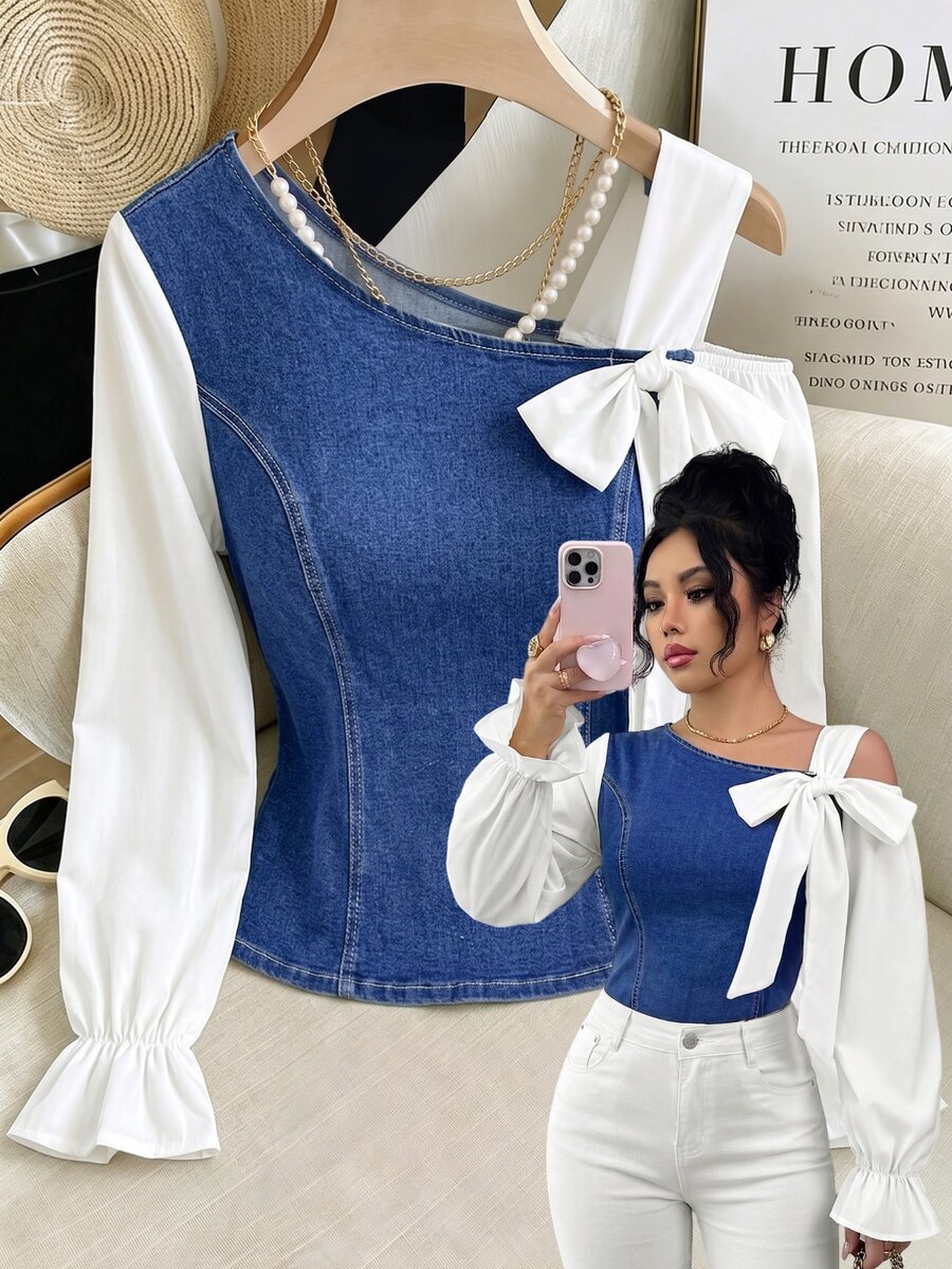 GlowEve CURVE Plus Size Women's Colorblock Casual Daily Denim Top - Blue - View 1