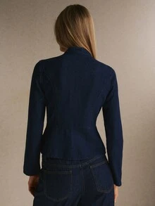 Poéselle Women's Fitted Double Breasted Denim Jacket With Gold Buttons And Contrast Piping, Elegant Tailored - Dark Wash - View 2