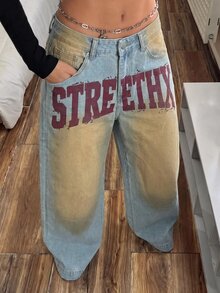 StreetHx Letter Graphic Washed Wide Leg Jeans - Blue - View 5