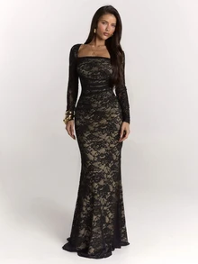 SHEIN BAE Women's Square Neck Lace Top And Lace Long Skirt Elegant Set - Black - View 4