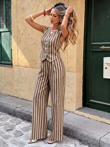 SHEIN Frenchy 女款條紋單排扣上衣與長褲休閒日常套裝 - 彩色 - 查看 6