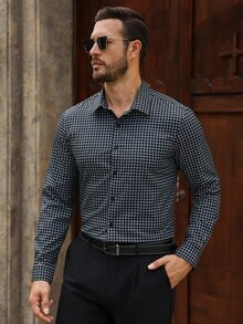 Manfinity Mode 男士度假風紅色格紋單排扣長袖襯衫 商務休閒 - 黑與白 - 查看 3