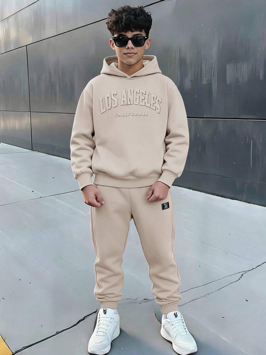 SHEIN 青少年男孩拼色寬鬆長袖連帽衫套裝,冬季,街頭風,畢業季,開學季 - 卡其色 - 查看 1