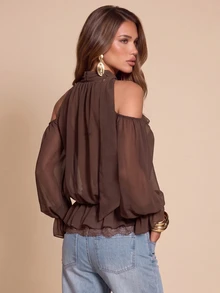 Bluhae Fashionable Elegant Loose Lace Patchwork Cold Shoulder Long Sleeve Autumn Blouse - Brown - View 2