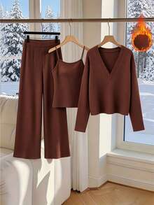 SHEINBlues Women's Deep V-Neck Pullover Top And Camisole Tank Top With Long Pants Set - Chocolate Brown - View 1