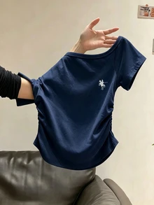 INAWLY 女款休閒不對稱領口刺繡印花短袖修身T恤 - 藏蓝色 - 查看 4