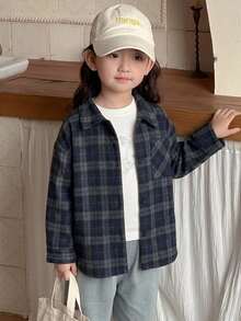 Dazy Kids 少女格紋休閒百搭日常穿搭襯衫 - 藏蓝色 - 查看 4