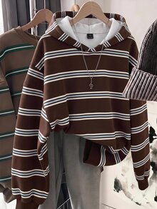 SHEIN EZwear 復古棕色條紋學院風女款連帽衫，-靈感條紋套裝，秋冬風格，適合日常通勤、約會、聚會、秋冬、夏季、派對、婚禮、海灘、畢業典禮等場合，優雅休閒，適合出遊、Y2K風格、音樂節等場景 - 彩色 - 查看 1