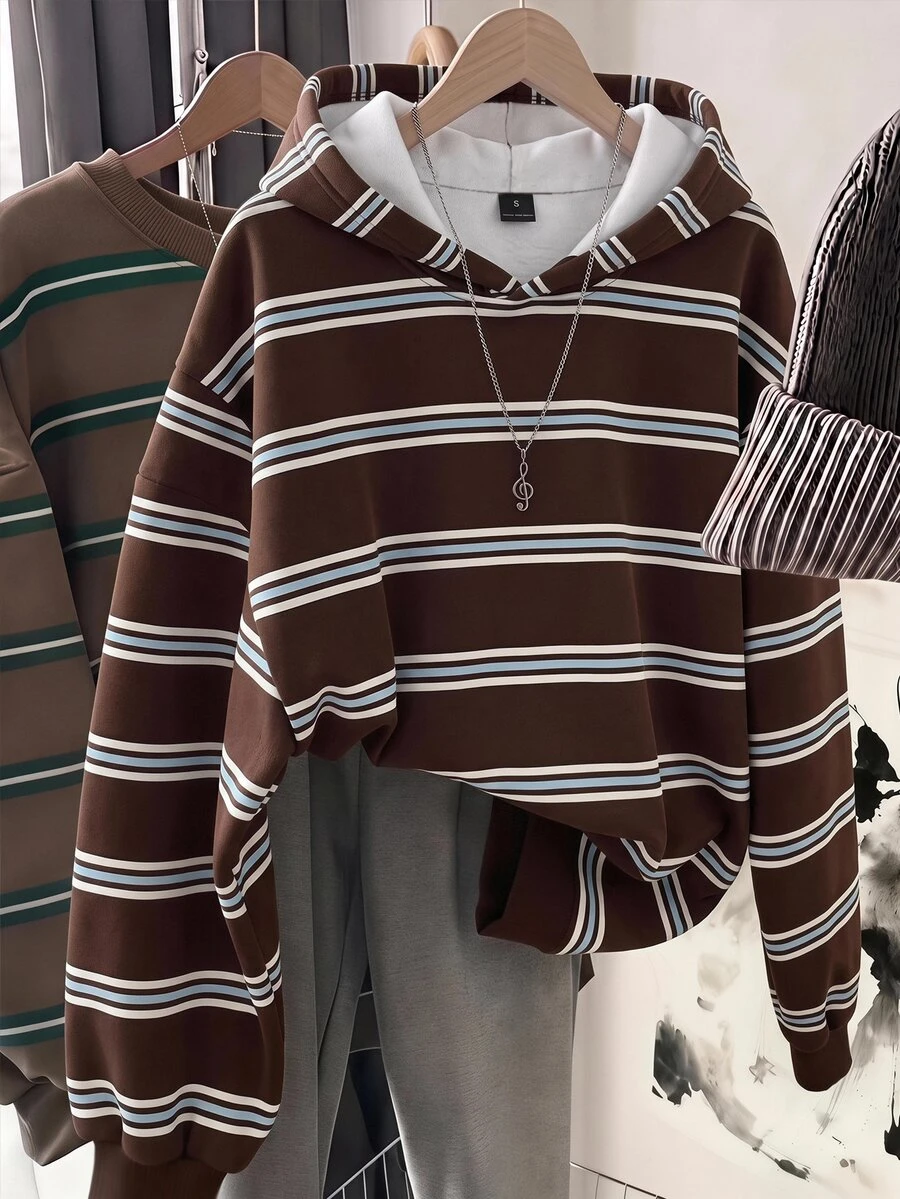 SHEIN EZwear 復古棕色條紋學院風女款連帽衫,-靈感條紋套裝,秋冬風格,適合日常通勤、約會、聚會、秋冬、夏季、派對、婚禮、海灘、畢業典禮等場合,優雅休閒,適合出遊、Y2K風格、音樂節等場景 - 彩色 - 查看 1