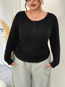 SHEIN CURVE+ Plus Size Casual Solid Color Long Sleeve Button T-Shirt, Comfortable Black Top For Autumn Outings, Suitable For Plus Size 5XL-8XL - Black - View 5