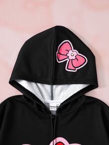 HELLO KITTY AND FRIENDS | SHEIN Jaket Berkerudung dengan Resleting Bergambar Kartun untuk Remaja Perempuan - Hitam - View 4