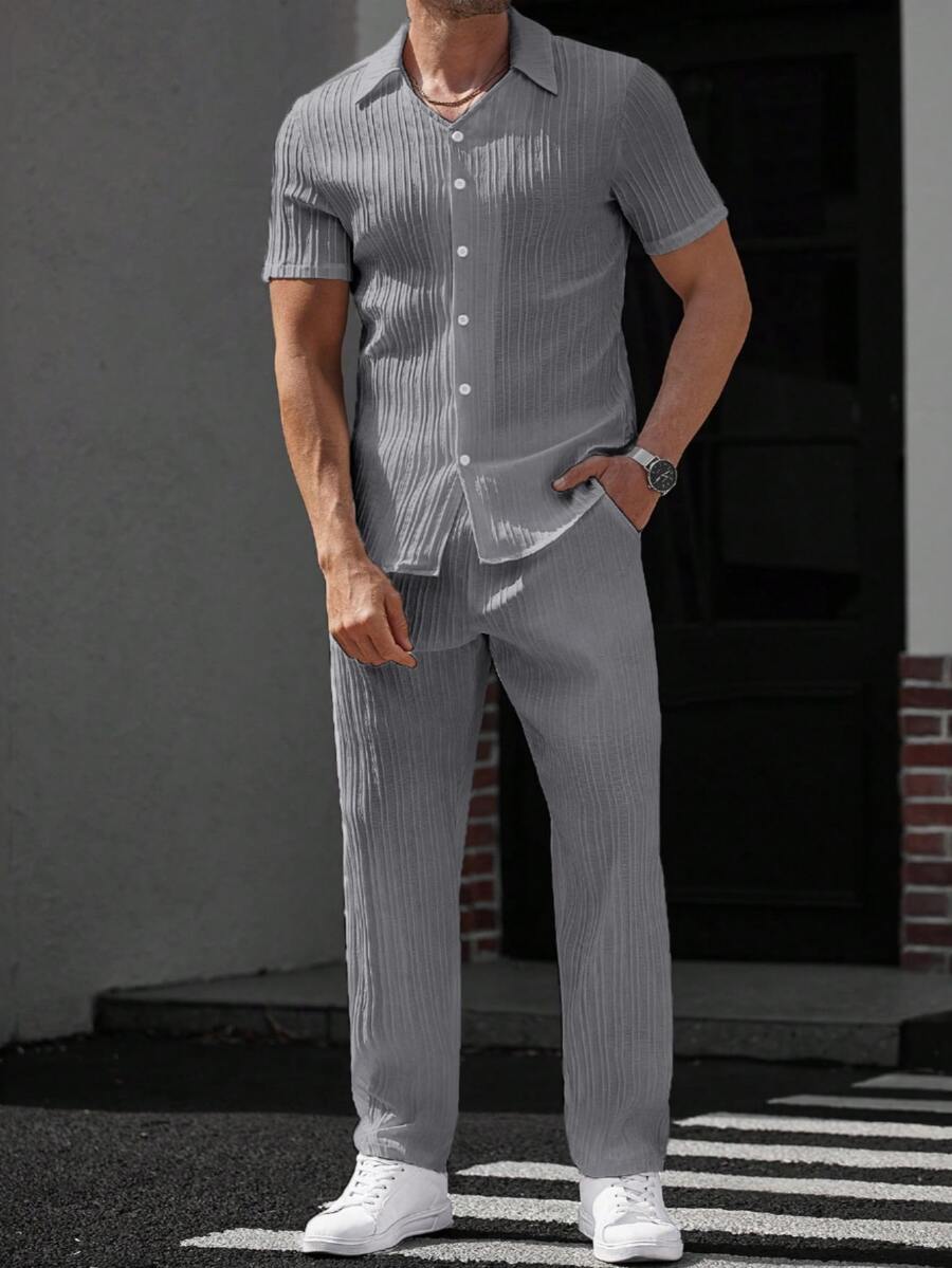 Manfinity Homme 男士純色短袖襯衫與長褲休閒日常穿搭套裝 - 灰色 - 查看 1