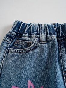 SpongeBob SquarePants | SHEIN Young Girl Cartoon Pattern Print Pocket Fashion Denim Jeans - Baby Blue - View 3