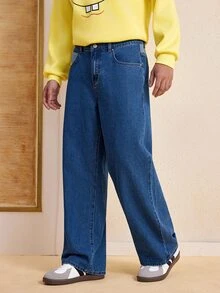SpongeBob SquarePants | SHEIN Men's Fashion Cartoon Button Pocket Loose Fit Denim Jeans - Medium Wash - View 4