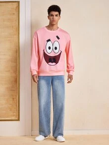 SpongeBob SquarePants | SHEIN Men's Cartoon Pattern Print Crew Neck Pullover Sweatshirt - Pink - View 5