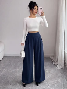 Elenzga Spring Autumn High-Waist Wide Leg Pants For Women With Front Pleats Side Pockets Draped Loose Slimming Double Layer Woven Casual Long Trousers - Navy Blue - View 7