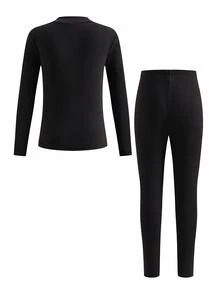 SHEIN 2 Pieces Tween Boy Casual Pure Color Warm Middle Collar Long Sleeve Shirt And Long Pants Underwear Set Suitable For Base Warm Clothes - Multicolor - View 2