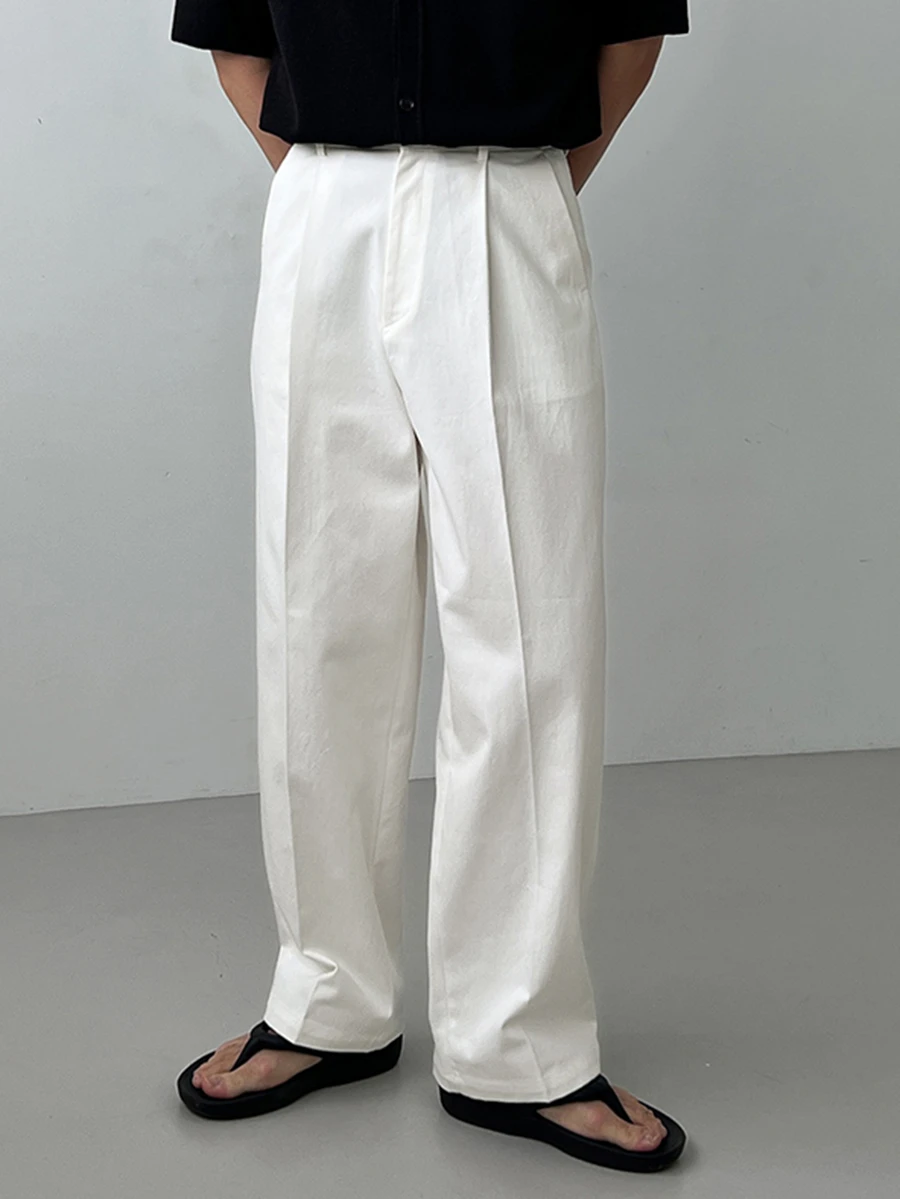 DAZY Spring/Autumn Solid White Pleated Straight Leg Long Pants For Men - White - View 1