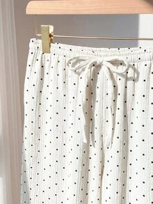 SHEIN EZwear 女款休閒舒適白色底黑波點秋冬長褲 - 白色 - 查看 7