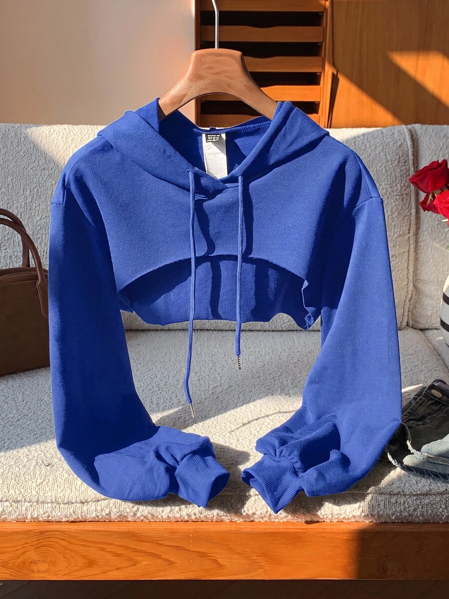 SHEIN EZwear 抽繩設計超短版連帽衛衣－黑白配色，秋冬長袖上衣 - 寶藍色 - 查看 1