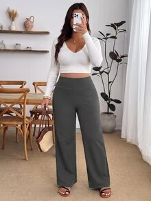 SHEIN PETITE CURVE 大尺碼女款純色高腰長褲，極簡日常穿搭，適合約會、度假、派對、日常外出、聚會、戶外活動 - 灰色 - 查看 6