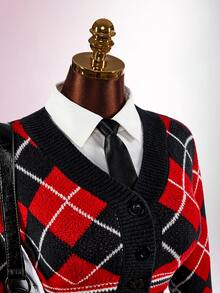 Amplova Women's Knitted Sexy Avant-Garde Plaid Collar Campus Style Outfit Suitable For Back To School Season - Red - View 6