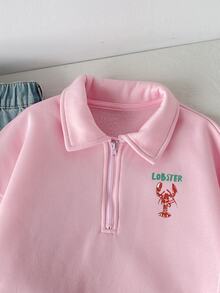 SHEIN 少女女孩秋冬休閒度假風粉色字母龍蝦圖案圓領套頭寬鬆抓絨運動衫 - 紅色 - 查看 7
