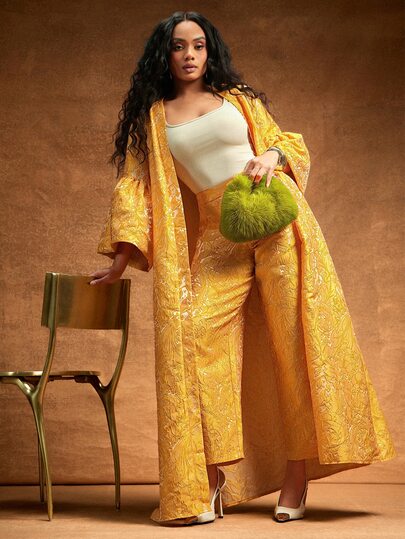 Vixey Women's French Vintage Textured Embossed Jacquard Oil Painting Floral Loose Long Dropped Shoulder Oversized Lantern Bell Puff Sleeve Open Front Knee-Length Floor-Length Robe, Suitable For Gentle Style Daily Commute, Light French Outing Shopping, Island Vacation Travel