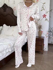 CottageSlumber Bow Decor Ditsy Floral Frill Trim Long Sleeve Pajama Set - Multicolor - View 6