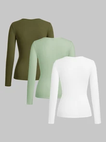 TaskEZ 女款簡約圓領長袖牛仔刷手服上衣 3件組套裝 - 綠色 - 查看 2
