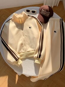 Comfortcana Women's Streetwear Embroidered Zip-Up Jacket & Striped Colorblock Pants 2pcs Set - Light Yellow - View 3