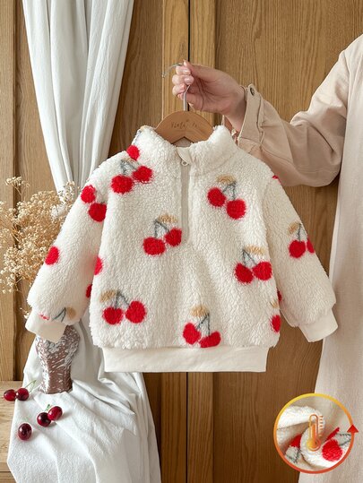 Vintaside Kids Toddler Girl Sweatshirt Cute Sweet Cream Red Cherry Print Plush Fuzzy Zip Long Sleeve Mock Neck Thick Birthday Party Fall Winter Holiday Top