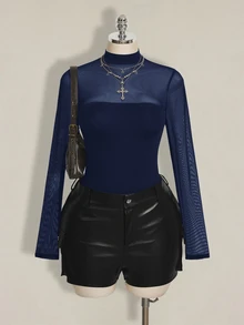 SHEIN ICON Plus Size Mesh Patchwork Y2K Sexy Bodysuit - Navy Blue - View 2