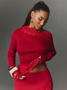 NYA SZN Women's Elegant Asymmetrical Shoulder Lace Patchwork Knit Top - Burgundy - View 1