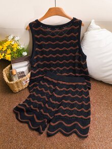 CosyJoli Set Sweater dan Celana Pendek Tali Serut Motif Garis Leher Bulat Tanpa Lengan Ukuran Besar - MultiWarna - View 2