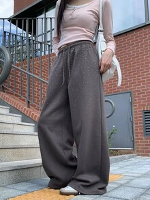 DAZY Solid Color Loose Rhinestone Thermal Lined Thick Elastic Waist Casual Street Style Korean Autumn/Winter Wide Leg Pants For Women - Grey - View 5