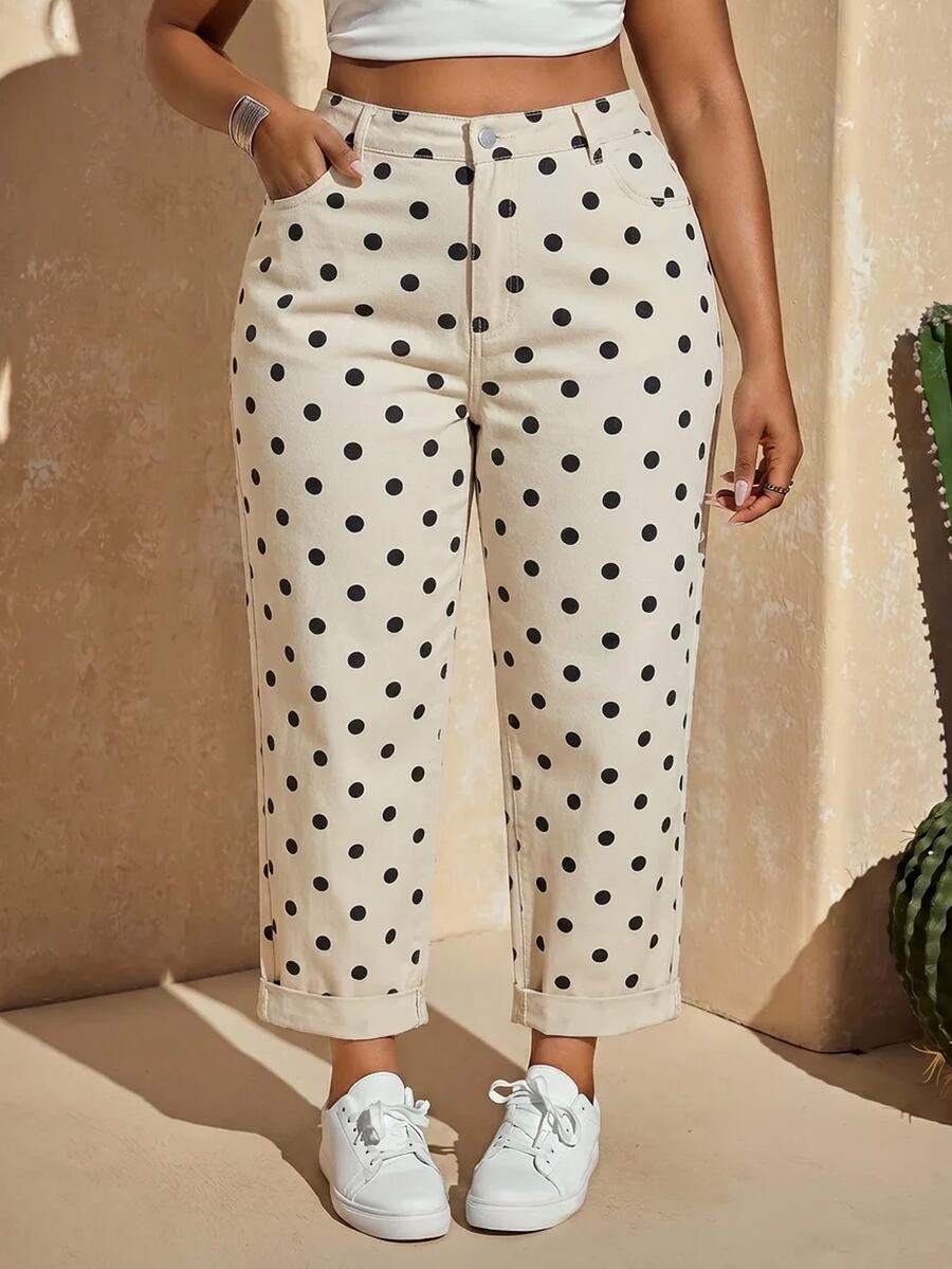 Slaydiva Women's Plus Size Polka Dot Skinny Jeans - White - View 1