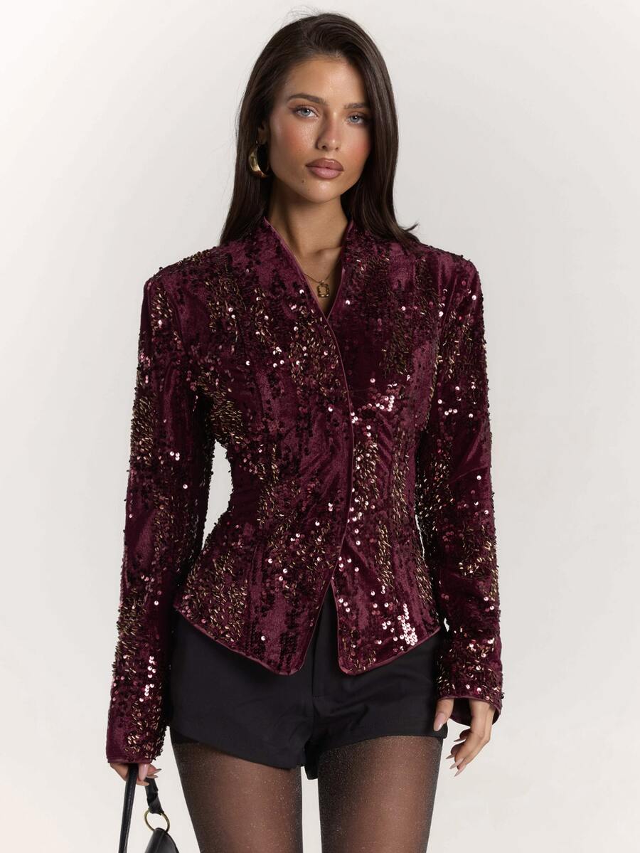 SHEIN BAE Blazer Pesta Elegan Wanita Lengan Panjang Berpayet dengan Desain Tumpang Tindih dan Pinggang yang Diikat - Burgundy - View 1