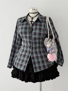 Sunspun Plus Size Vintage Blue & Brown Plaid Waist Cinched Minimalist Commuter Shirt - Blue - View 7